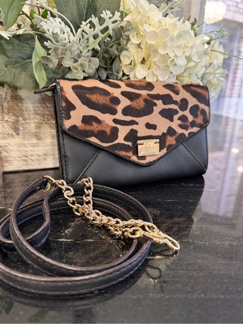 Kate Spade Leopard Calf Hair Wallet On Chain Crossbody Clutch Black